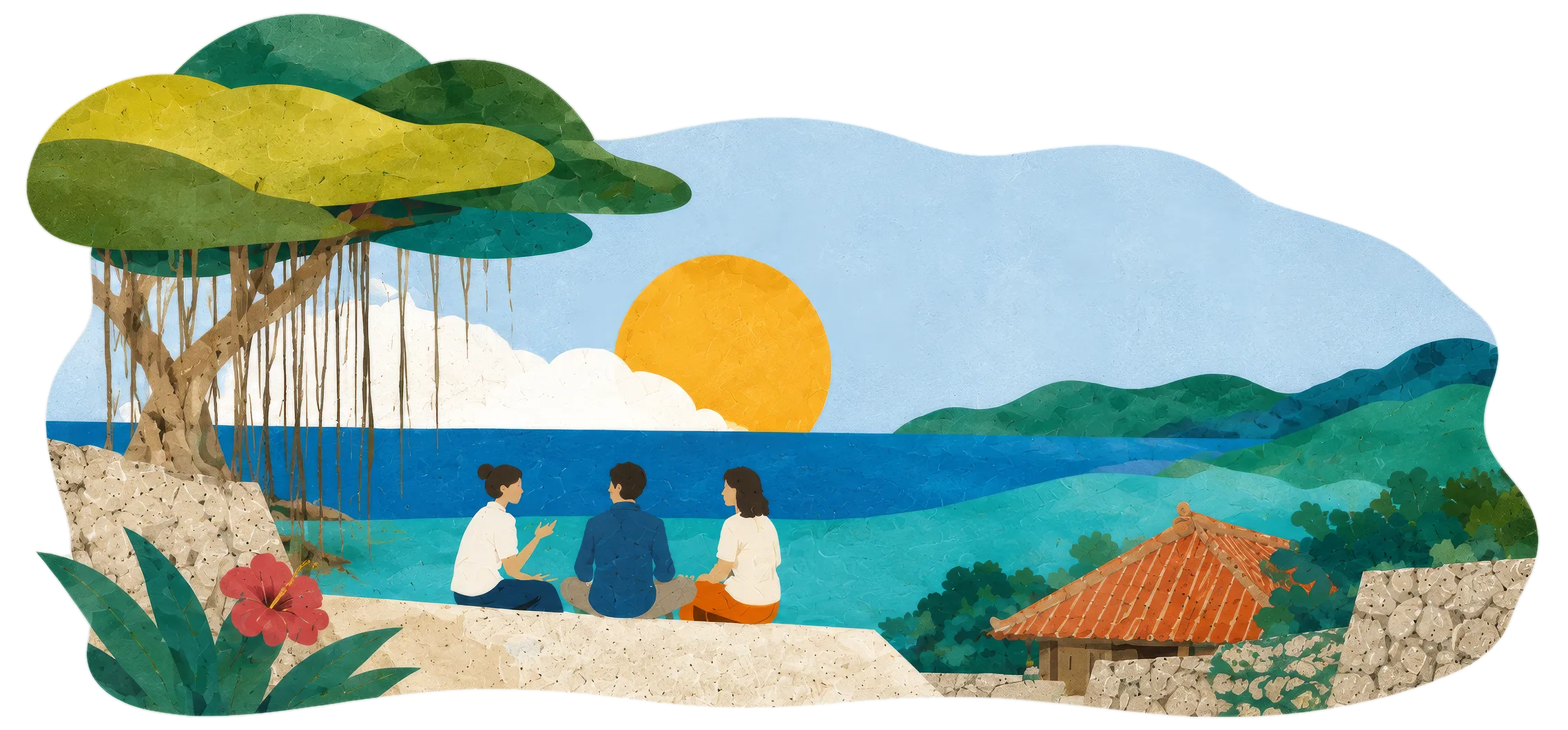 沖縄の海辺で語り合う三人のイラスト